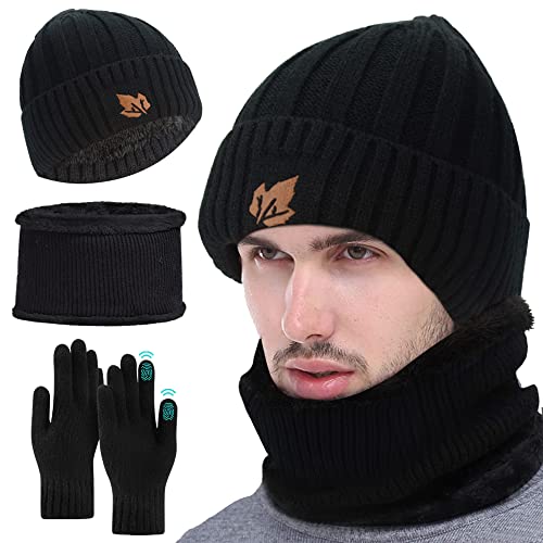 Wintermütze Herren Schal Handschuh Set, 3 in 1 Mütze Schal mit Touchscreen Handschuh Set Gestrickte Pom Pom Dicke Beanie Mütze Fleece Gefütterte Warme für Herren Ski Outdoor Sport Winter Geschenk von TOLOYE