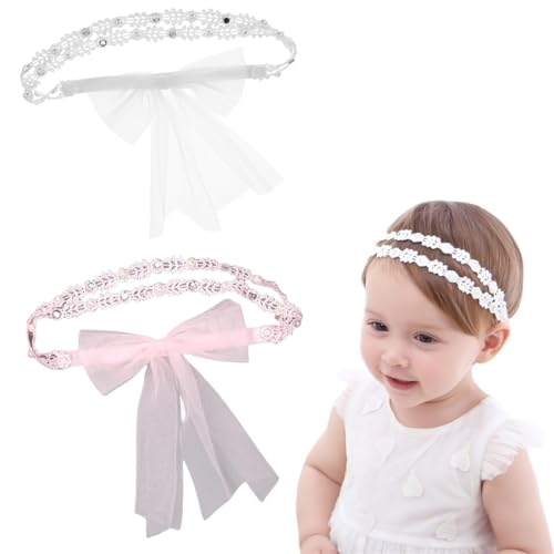 Baby Mädchen Stirnbänder Weiß Dehnbare Stirnband Doppelspitze Spitze bowknot, 2-Pack Taufe Weiß Neugeborene Bowknot Stirnbänder Baby Taufe Haar Bögen Headrap Kleinkind Haarband von TOLVUNZ