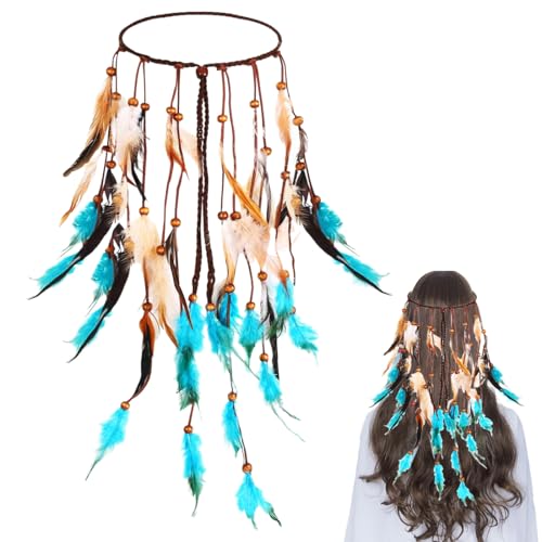 Fasching Boho Federschmuck Hippie Stirnband, Karneval Kopfschmuck, 1pcs Blau Indian Feather Stirnband,Indianer kostüm Damen,Frauen Bohemien Feder Quasten Seil Weben Stirnband Gürtel Haarband von TOLVUNZ