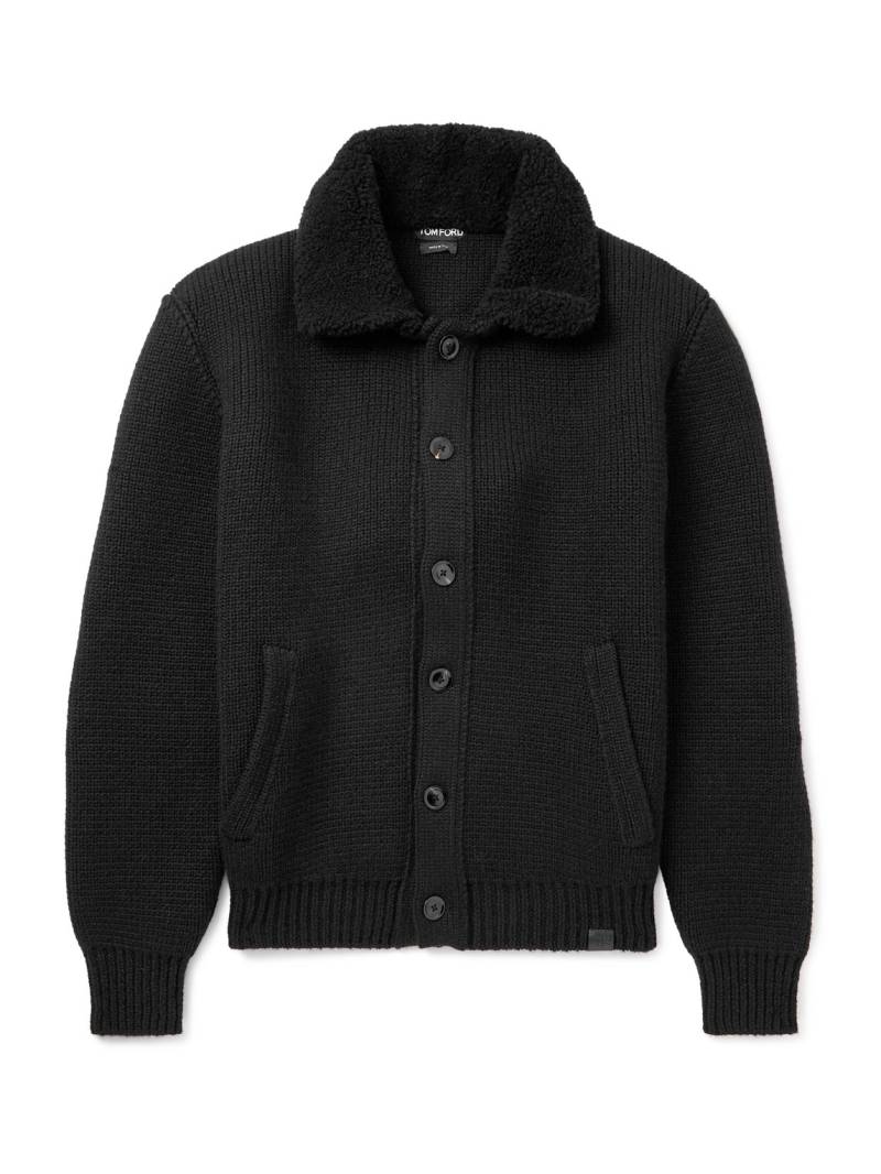 TOM FORD - Bouclé-Trimmed Ribbed Cashmere Cardigan - Men - Black - IT 56 von TOM FORD