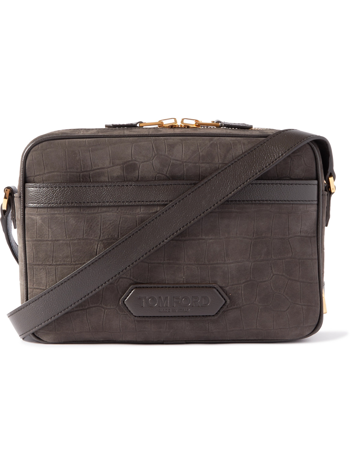 TOM FORD - Croc-Effect Nubuck and Full-Grain Leather Messenger Bag - Men - Brown von TOM FORD