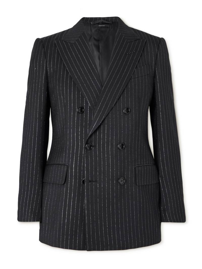 TOM FORD - Dyllan Double-Breasted Striped Metallic Wool and Silk-Blend Suit Jacket - Men - Black - IT 52 von TOM FORD