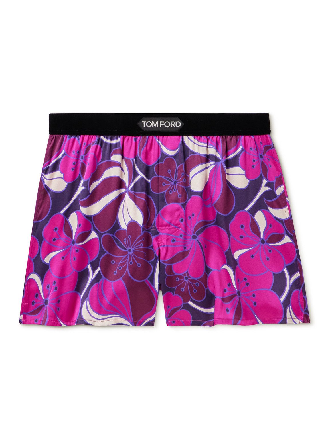TOM FORD - Floral-Print Velvet-Trimmed Stretch-Silk Satin Boxer Shorts - Men - Purple - L von TOM FORD