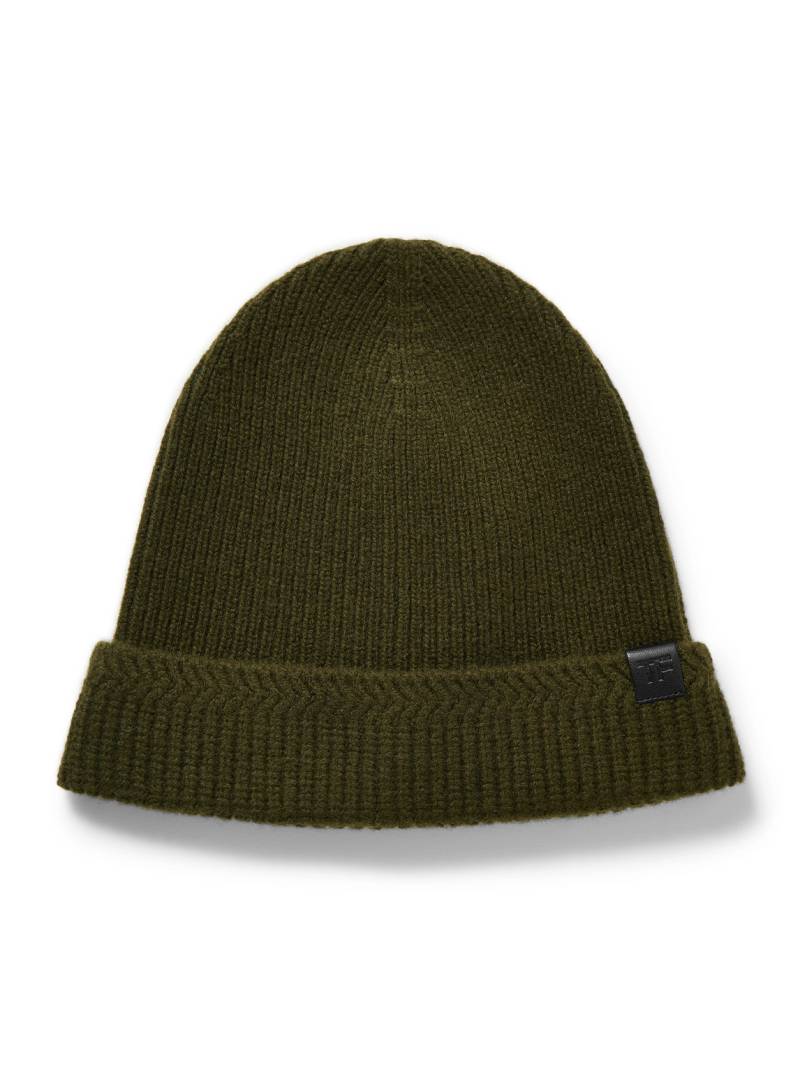 TOM FORD - Leather-Trimmed Ribbed Wool and Cashmere-Blend Beanie - Men - Green - M von TOM FORD