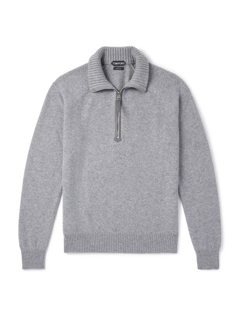 TOM FORD - Leather-Trimmed Wool and Cashmere-Blend Half-Zip Rollneck Sweater - Men - Gray - IT 54 von TOM FORD