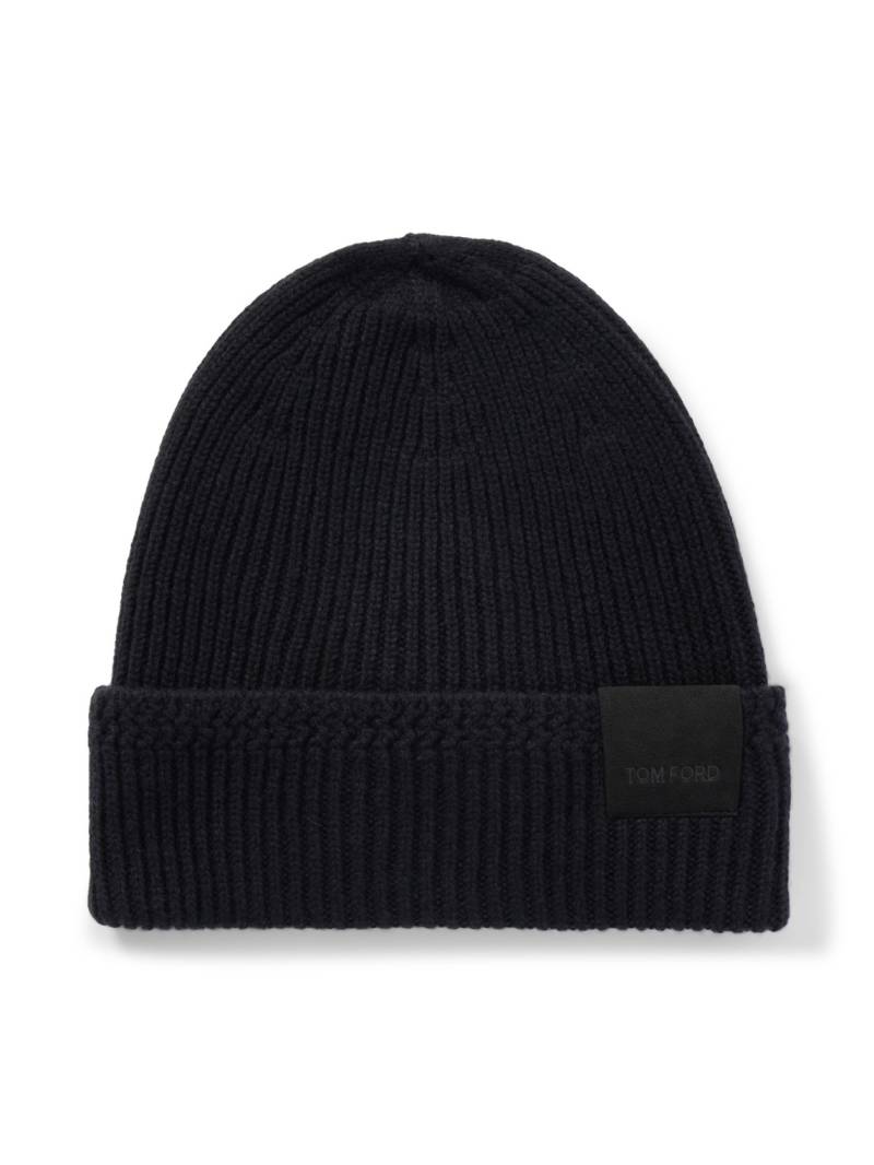 TOM FORD - Logo-Appliquéd Ribbed Cashmere Beanie - Men - Blue - L von TOM FORD