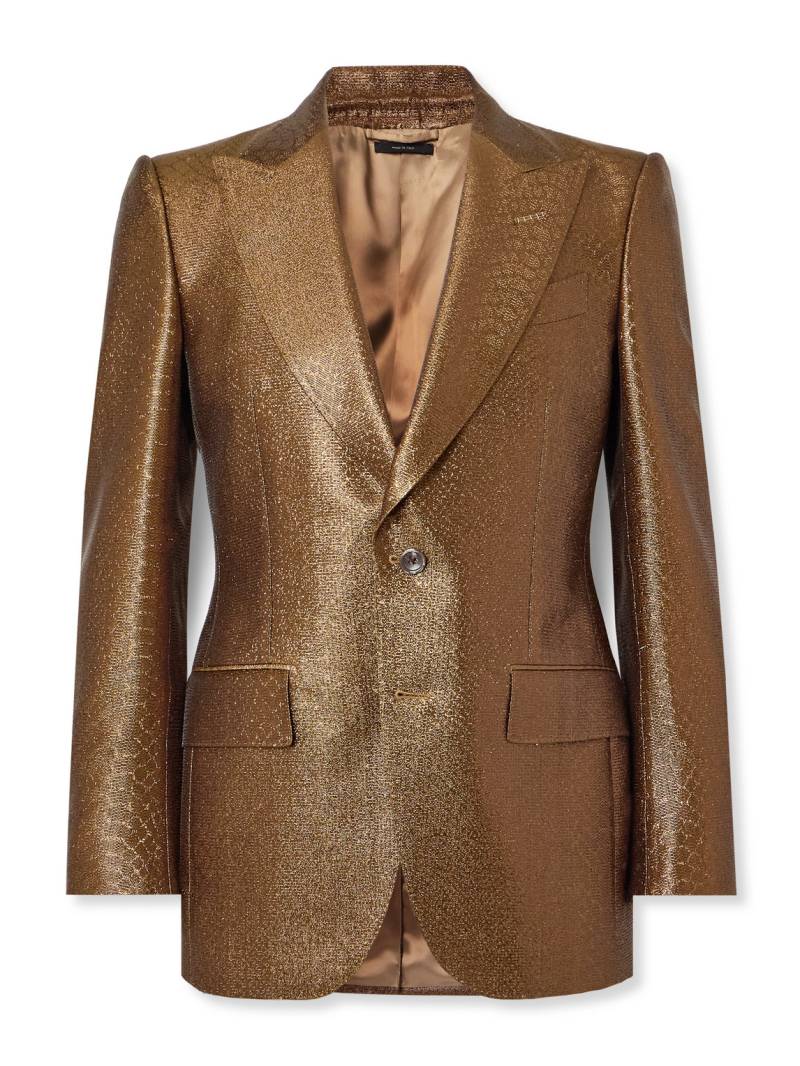 TOM FORD - Slim-Fit Croc-Effect Coated Wool-Blend Tuxedo Jacket - Men - Brown - IT 48 von TOM FORD