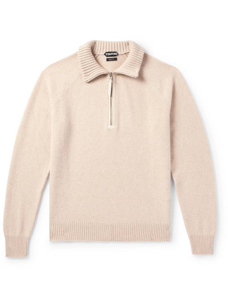 TOM FORD - Slim-Fit Leather-Trimmed Wool and Cashmere-Blend Half-Zip Sweater - Men - Neutrals - IT 58 von TOM FORD