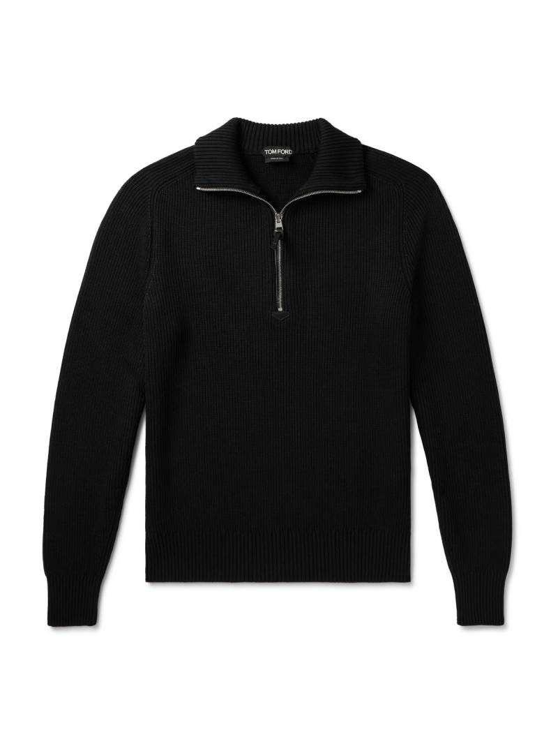 TOM FORD - Slim-Fit Ribbed Silk and Merino Wool-Blend Half-Zip Sweater - Men - Black - IT 44 von TOM FORD