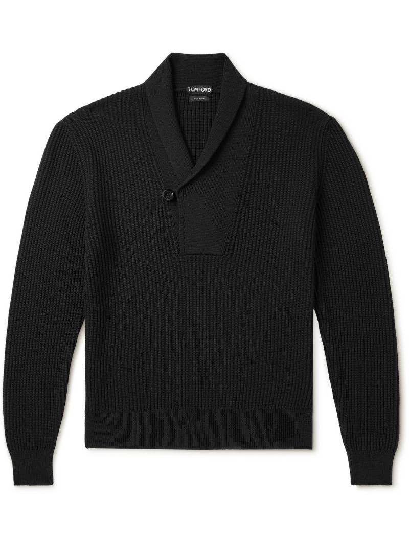 TOM FORD - Slim-Fit Shawl-Collar Ribbed Merino Wool-Blend Half-Placket Sweater - Men - Black - IT 46 von TOM FORD
