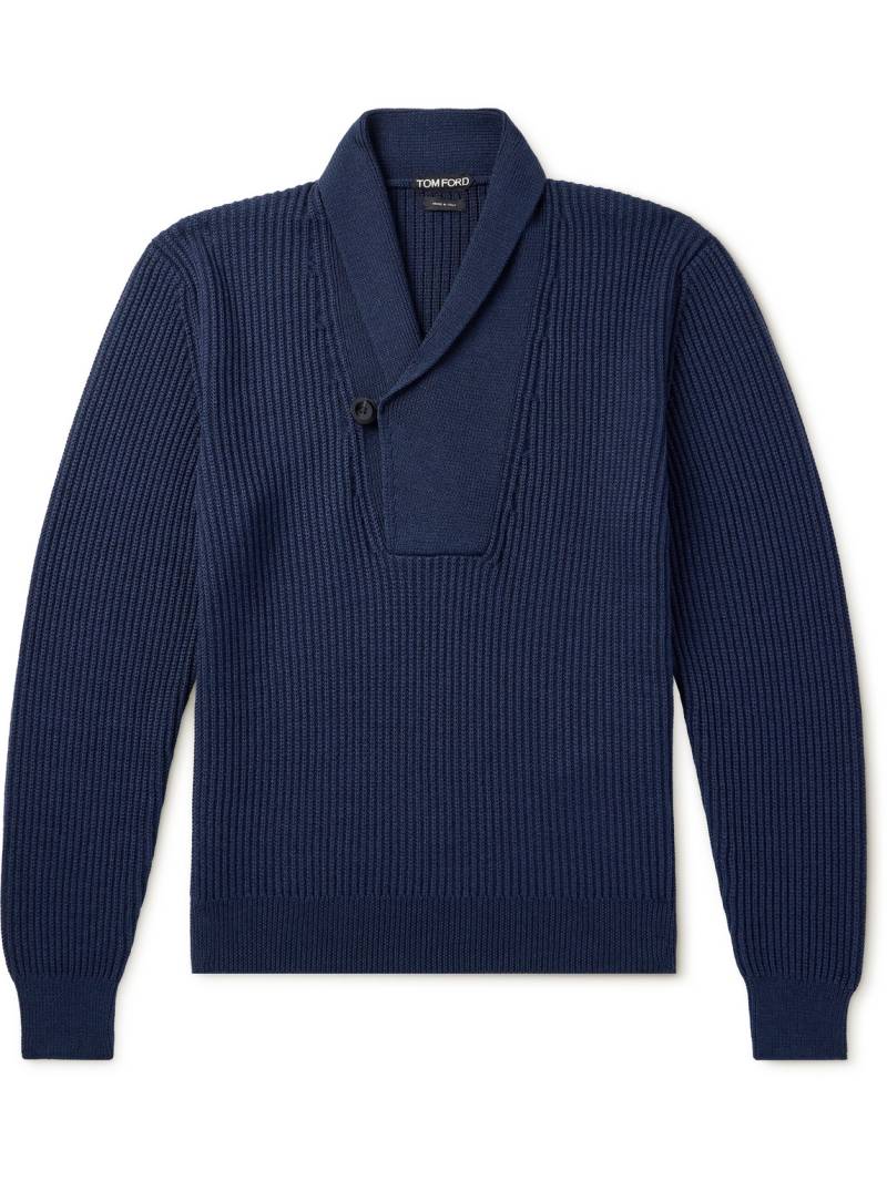 TOM FORD - Slim-Fit Shawl-Collar Ribbed Merino Wool-Blend Half-Placket Sweater - Men - Blue - IT 52 von TOM FORD