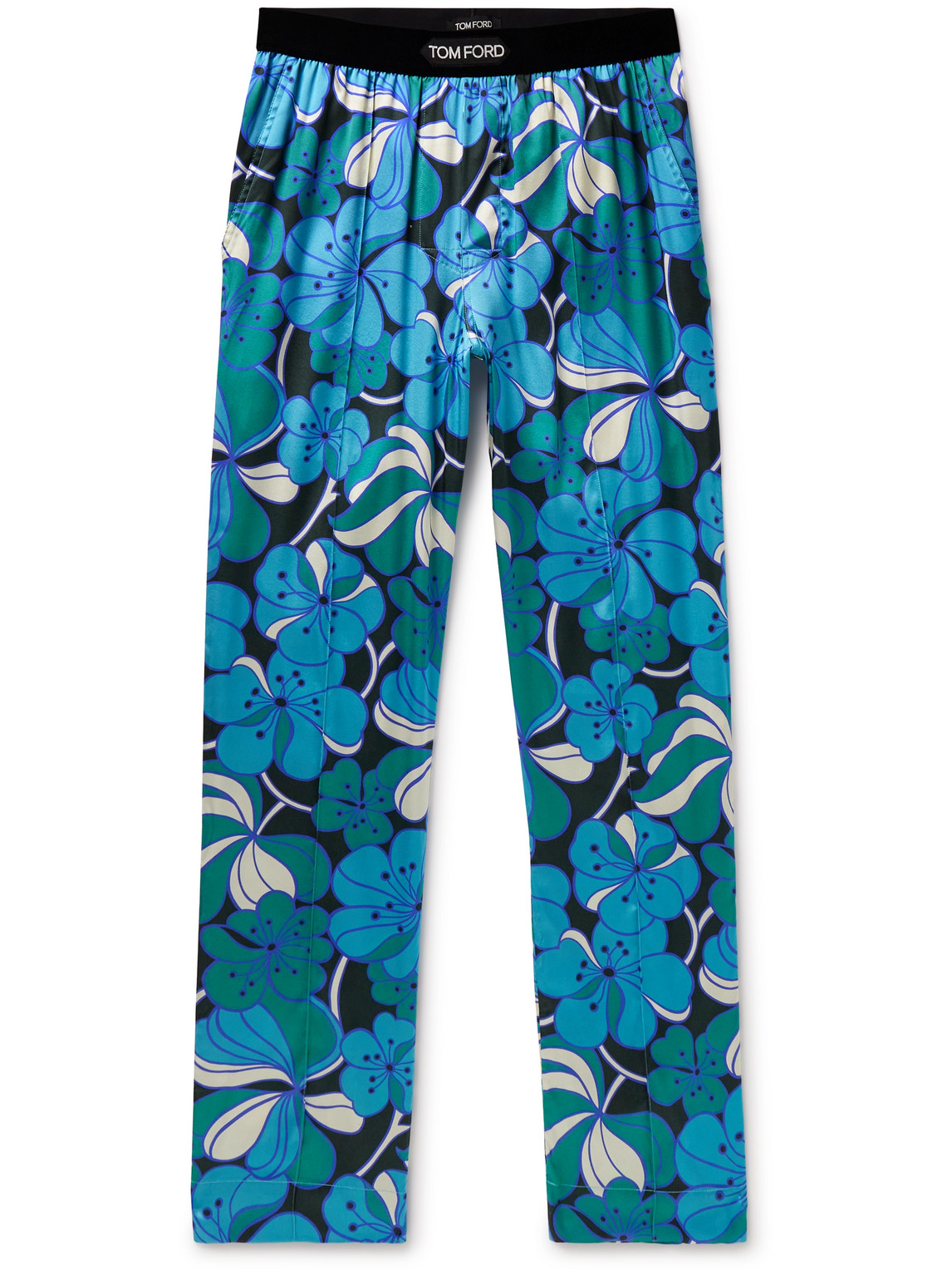 TOM FORD - Straight-Leg Velvet-Trimmed Printed Stretch-Silk Pyjama Trousers - Men - Blue - M von TOM FORD