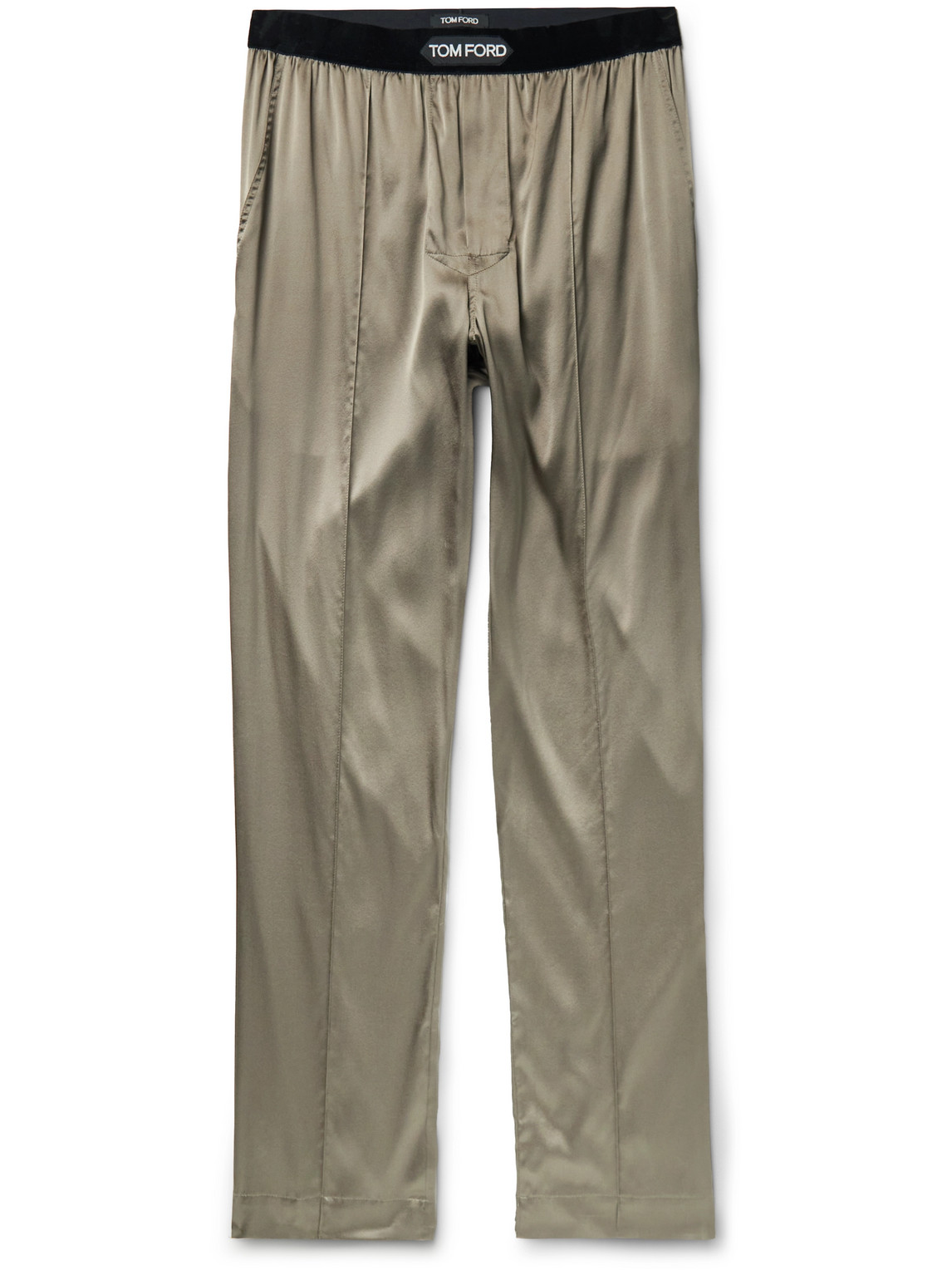 TOM FORD - Velvet-Trimmed Stretch-Silk Satin Pyjama Trousers - Men - Neutrals - L von TOM FORD