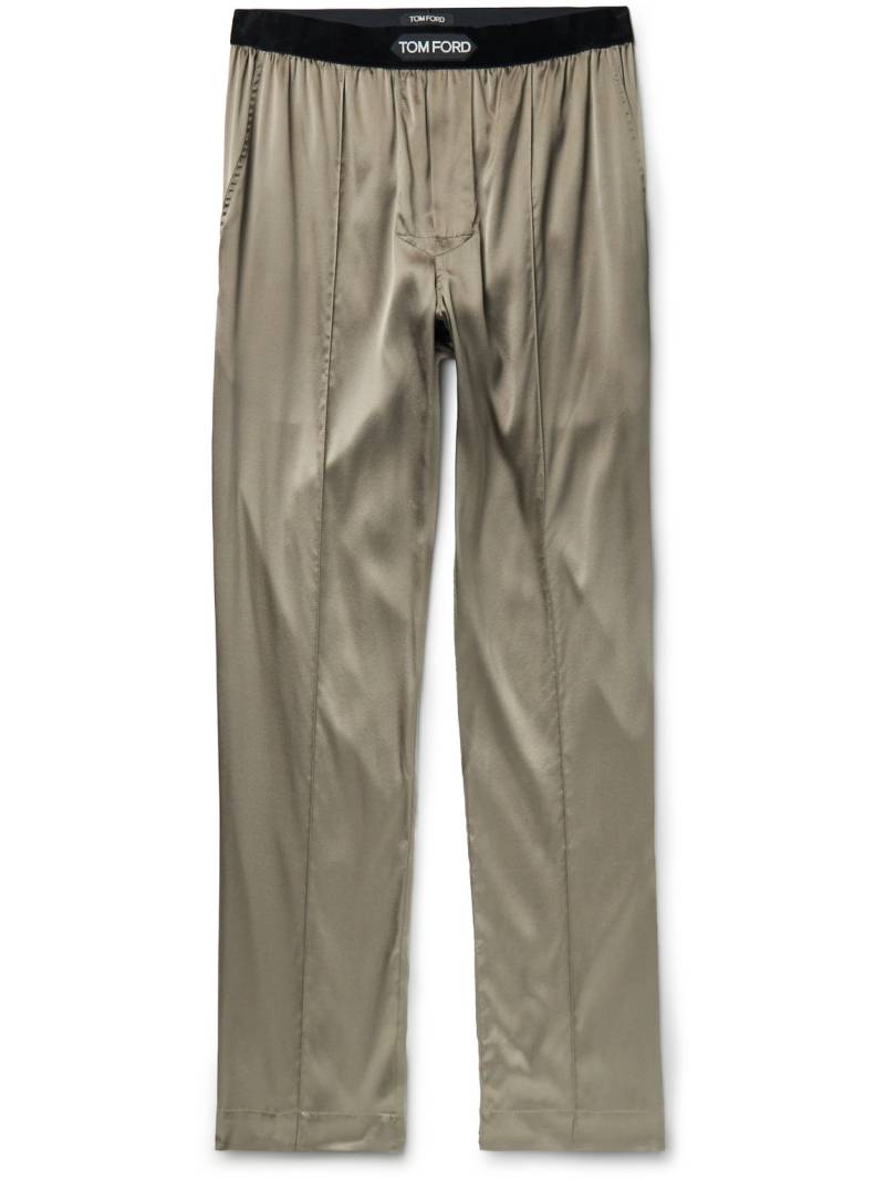 TOM FORD - Velvet-Trimmed Stretch-Silk Satin Pyjama Trousers - Men - Neutrals - XL von TOM FORD