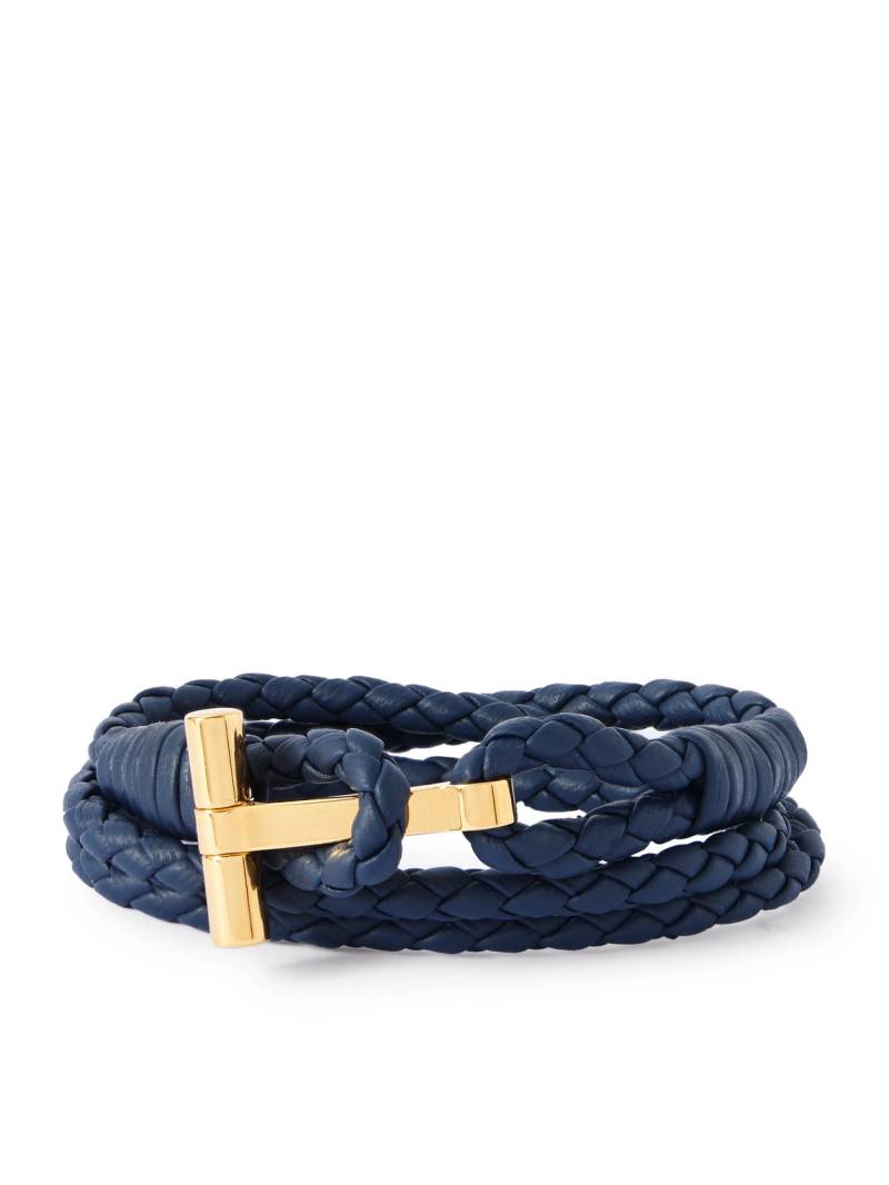 TOM FORD - Woven Leather and Gold-Plated Wrap Bracelet - Men - Blue - L von TOM FORD