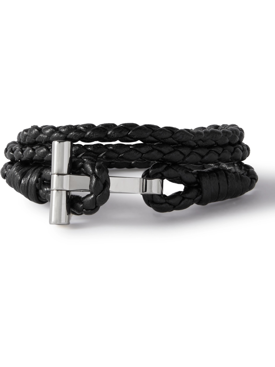 TOM FORD - Woven Leather and Silver-Tone Wrap Bracelet - Men - Black - M von TOM FORD