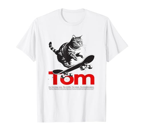 TOM - Schöner Jungen Name mit Katze & Skateboard T-Shirt von TOM Sohn Enkel Geburtstag Geschenkideen