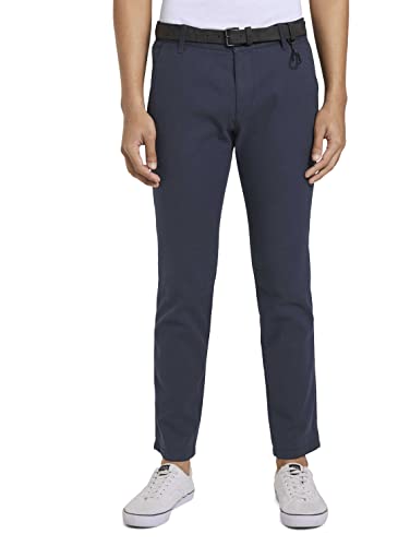 TOM TAILOR Denim Herren 1020451 Straight Fit Chino Hose Mit Gürtel, 23976 - Navy Dobby Yarn Dye, 36W / 32L EU von TOM TAILOR Denim