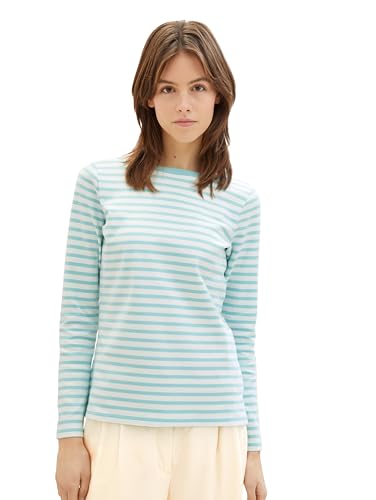 Tom Tailor Denim Damen Longsleeve mit Streifen aus Bio-Baumwolle, 34676 - White Mint Stripe, XL von TOM TAILOR Denim