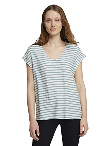 TOM TAILOR Denim Damen Gemusterte Kurzambluse 1024993, 25923 - Mineral Blue White Stripe, L von TOM TAILOR Denim