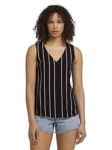 TOM TAILOR Denim Damen 1026104 Top mit Cut-Out, 26951-Black Beige Vertical Stripe, L von TOM TAILOR Denim