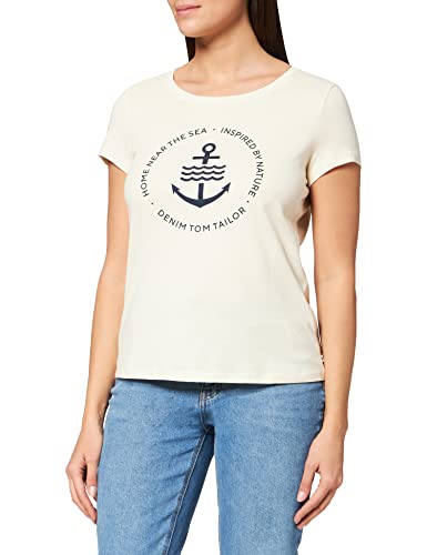 TOM TAILOR Denim Damen 1031478 Basic Logo T-Shirt, 22515-soft Creme beige, XS von TOM TAILOR Denim