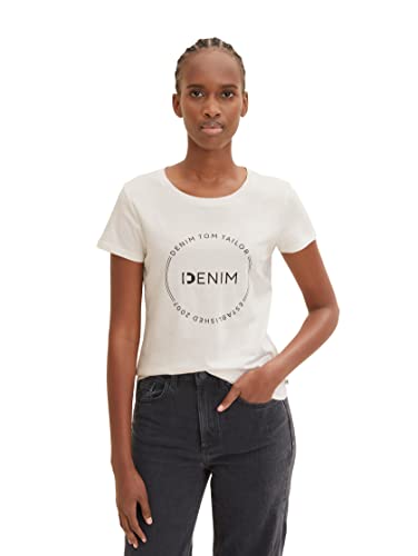 TOM TAILOR Denim Damen 1035361 Slim Fit T-Shirt Mit Logo-Print, 10348 - Gardenia White, XL EU von TOM TAILOR Denim