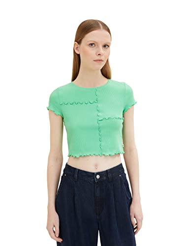 TOM TAILOR Denim Damen 1035369 Cropped T-Shirt mit Rollsaum, 11052-Strong Green, M von TOM TAILOR Denim