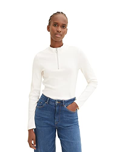 TOM TAILOR Denim Damen 1035379 Langarmshirt mit Reißverschluss, 10348-Gardenia White, XL von TOM TAILOR Denim
