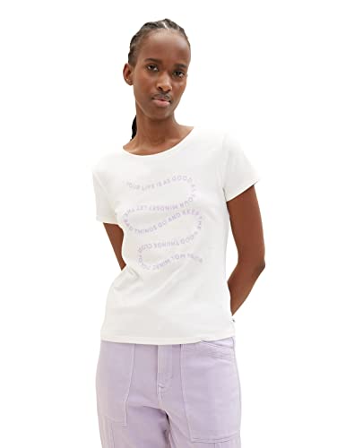 TOM TAILOR Denim Damen 1035383 Basic T-Shirt mit Print, 10348-Gardenia White, L von TOM TAILOR Denim