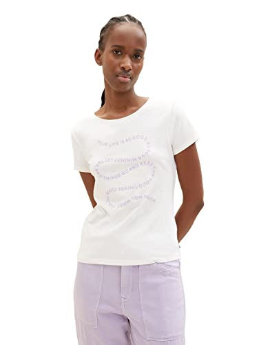 TOM TAILOR Denim Damen 1035383 Basic T-Shirt mit Print, 10348-Gardenia White, S von TOM TAILOR Denim