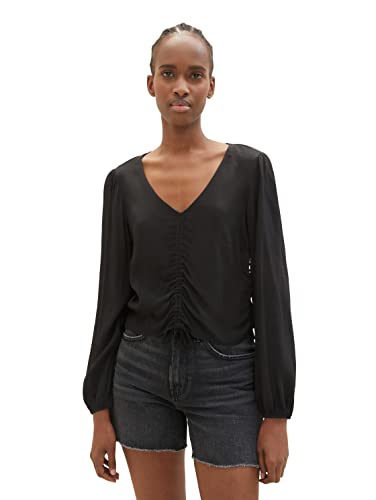 TOM TAILOR Denim Damen 1035439 Cropped Bluse mit Raffdetail, 14482-Deep Black, L von TOM TAILOR Denim