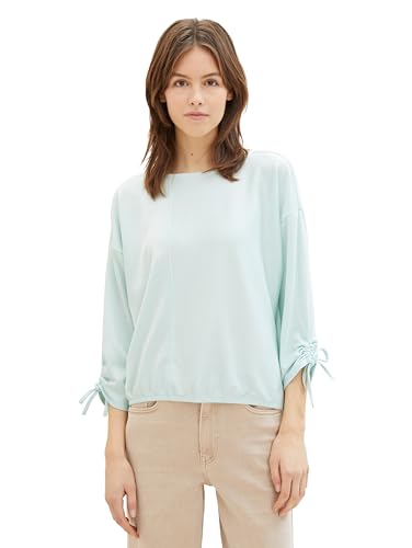 Tom Tailor Denim Damen Loose Fit Longsleeve mit Streifen & Raffarm, 34743 - Small Mint White Stripe, L von TOM TAILOR Denim