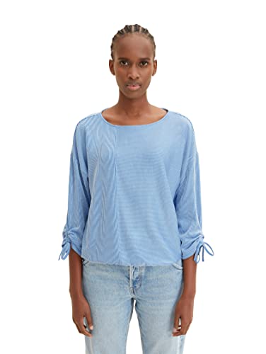 Tom Tailor Denim Damen Loose Fit Longsleeve mit Streifen & Raffarm, 31347 - Small Mid Blue White Stripe, XL von TOM TAILOR Denim