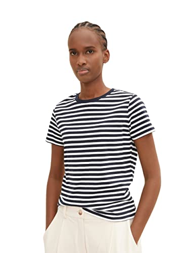 Tom Tailor Denim Damen Boxy Fit T-Shirt mit Streifen aus Bio-Baumwolle, 29133 - White Blue Stripe, S von TOM TAILOR Denim