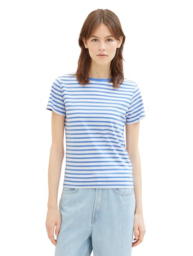 Tom Tailor Denim Damen Boxy Fit T-Shirt mit Streifen aus Bio-Baumwolle, 34675 - White Mid Blue Stripe, S von TOM TAILOR Denim