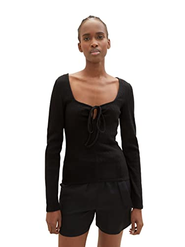 TOM TAILOR Denim Damen 1035870 Langarmshirt mit Bindedetail am Kragen, 14482-Deep Black, M von TOM TAILOR Denim
