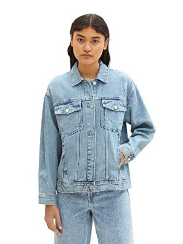 TOM TAILOR Denim Damen 1036494 Oversized Jeansjacke mit Destroyed-Details, 10122-Destroyed Light Stone Blue Denim, S von TOM TAILOR Denim