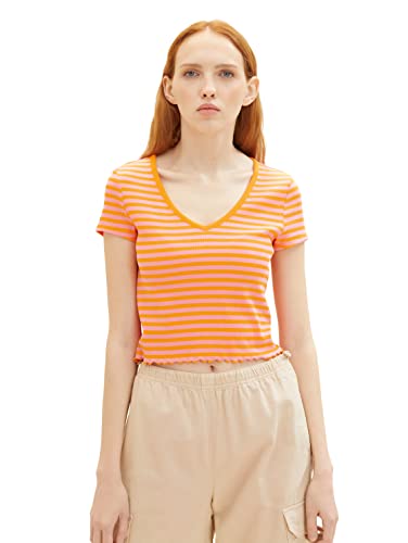 TOM TAILOR Denim Damen 1036538 T-Shirt mit Rippstruktur & Muster, 31709-Mango Pink Stripe, M von TOM TAILOR Denim