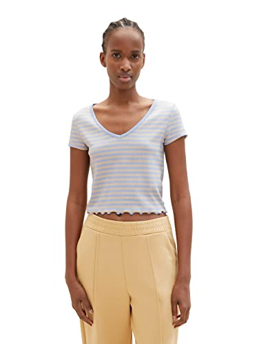 TOM TAILOR Denim Damen 1036538 T-Shirt mit Rippstruktur & Muster, 31710-Mid Blue Sand Stripe, L von TOM TAILOR Denim