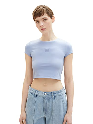 TOM TAILOR Denim Damen 1036541 Cropped T-Shirt mit Print & Cut Out Details, 12819-Parisienne Blue, L von TOM TAILOR Denim