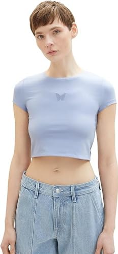 TOM TAILOR Denim Damen 1036541 Cropped T-Shirt mit Print & Cut Out Details, 12819-Parisienne Blue, XL von TOM TAILOR Denim