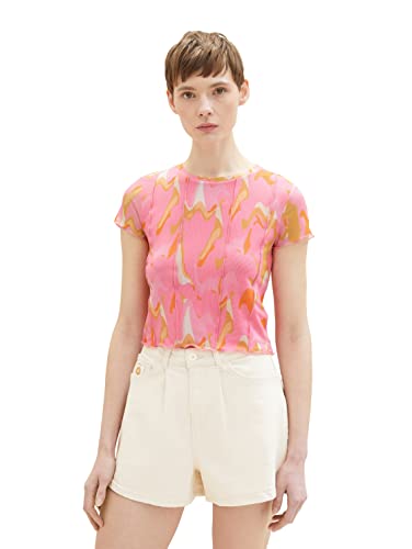 TOM TAILOR Denim Damen 1036548 Mesh T-Shirt mit Ziernähten, 31704-Abstract Pink Print, XL von TOM TAILOR Denim