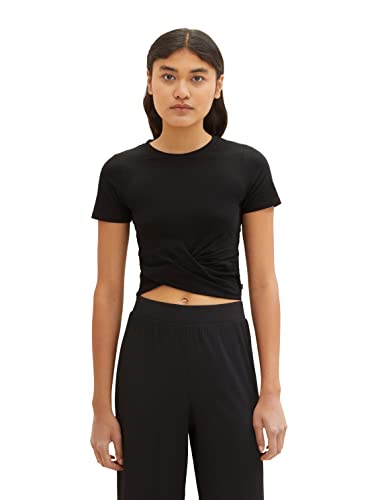 TOM TAILOR Denim Damen 1036554 Cropped T-Shirt mit Knotendetail, 14482-Deep Black, M von TOM TAILOR Denim