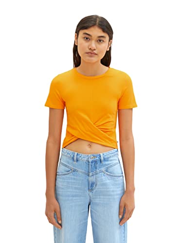 TOM TAILOR Denim Damen 1036554 Cropped T-Shirt mit Knotendetail, 31684-Bright Mango Orange, L von TOM TAILOR Denim