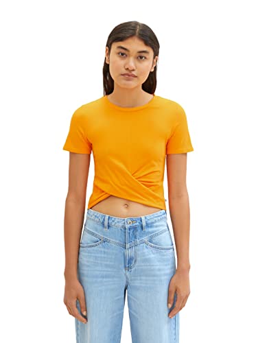 TOM TAILOR Denim Damen 1036554 Cropped T-Shirt mit Knotendetail, 31684-Bright Mango Orange, M von TOM TAILOR Denim