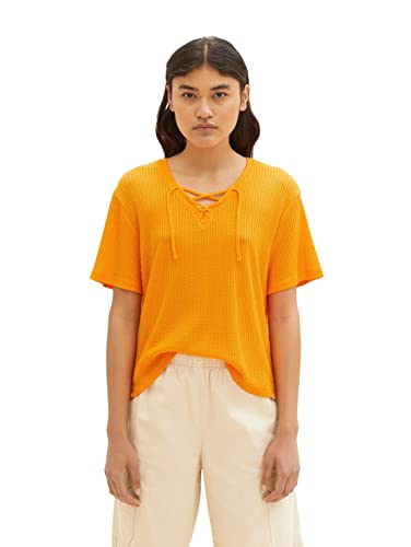 TOM TAILOR Denim Damen 1036565 T-Shirt mit Bindedetail am Kragen, 31684-Bright Mango Orange, XL von TOM TAILOR Denim