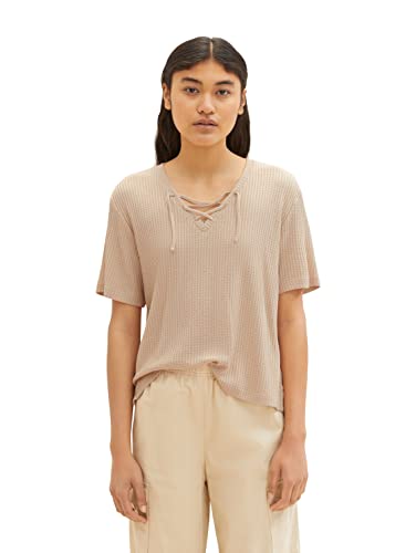 TOM TAILOR Denim Damen 1036565 T-Shirt mit Bindedetail am Kragen, 31700-Dusty Sand Beige, L von TOM TAILOR Denim