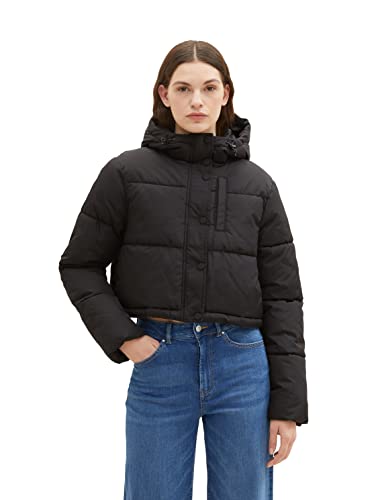 TOM TAILOR Denim Damen 1036572 Puffer Jacke mit Kapuze, 14482-deep Black, XL von TOM TAILOR Denim