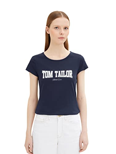 TOM TAILOR Denim Damen 1036934 Basic T-Shirt mit Schriftzug, 10360-Real Navy Blue, M von TOM TAILOR Denim